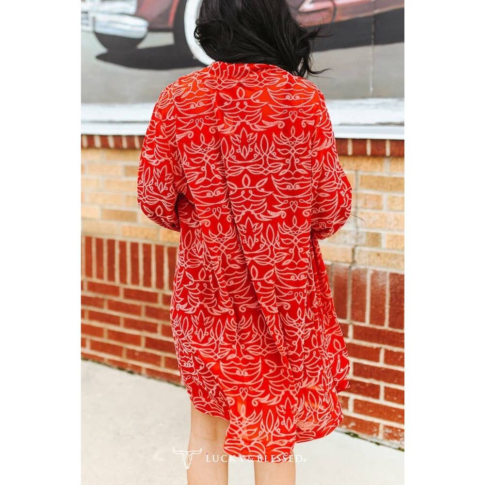 Red Bandana Print Burnout Mesh Kimono Cardigan - Picture 2 of 3